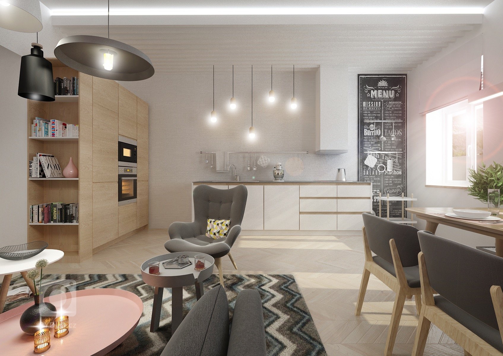Minimalistický skandinávský design v netradičně řešené kuchyni s jídelnou a obývacím pokojem v jednom. Podlaha parkety bělený dub, přírodní dub,…