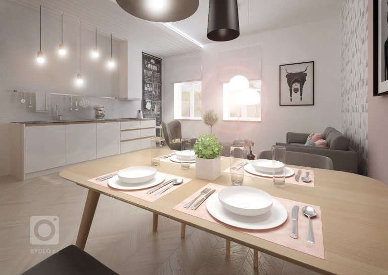 Minimalistický skandinávský design v&nbsp;netradičně řešené kuchyni s&nbsp;jídelnou a obývacím pokojem v&nbsp;jednom. Podlaha parkety bělený dub, přírodní dub,…