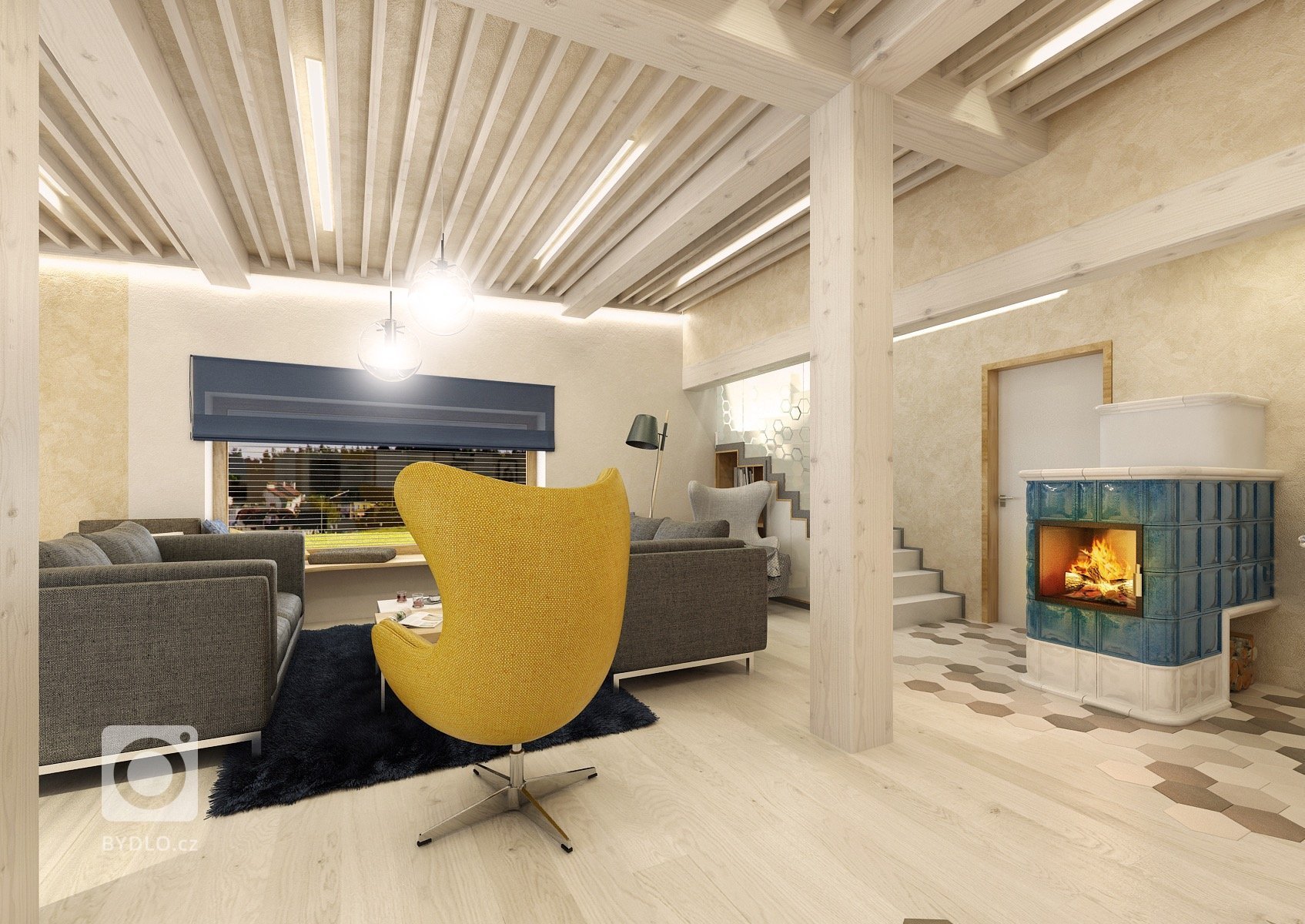 Návrh interiéru nízkoenergetické dřevostavby, kde jsou například stěny upraveny hliněnými omítkami, přiznané stropní smrkové trámy a k&nbsp;vytápění slouží…