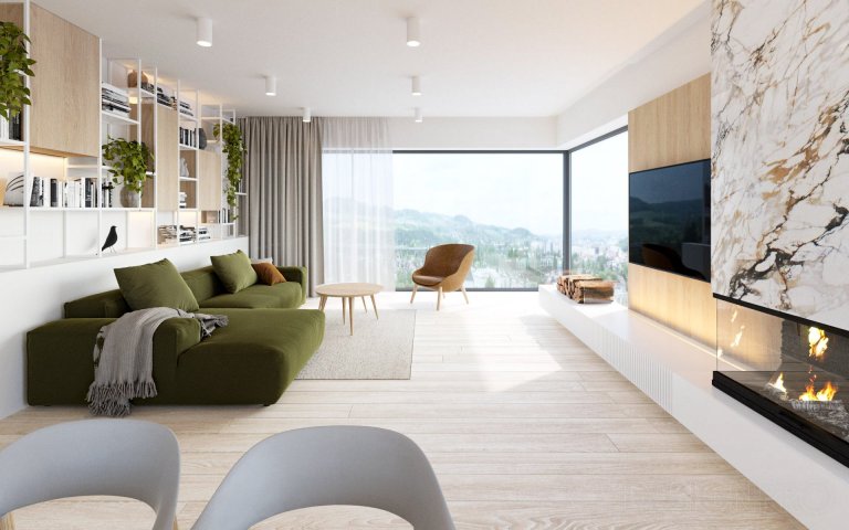 Interiér rodinného domu ve svahu na okraji Berouna s výhledem na celé město.&nbsp;

Klienti za námi přišli před zahájením výstavby domu, proto jsme mohli…