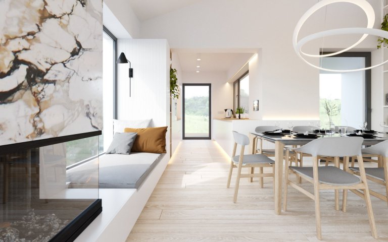 Interiér rodinného domu ve svahu na okraji Berouna s výhledem na celé město.&nbsp;

Klienti za námi přišli před zahájením výstavby domu, proto jsme mohli…