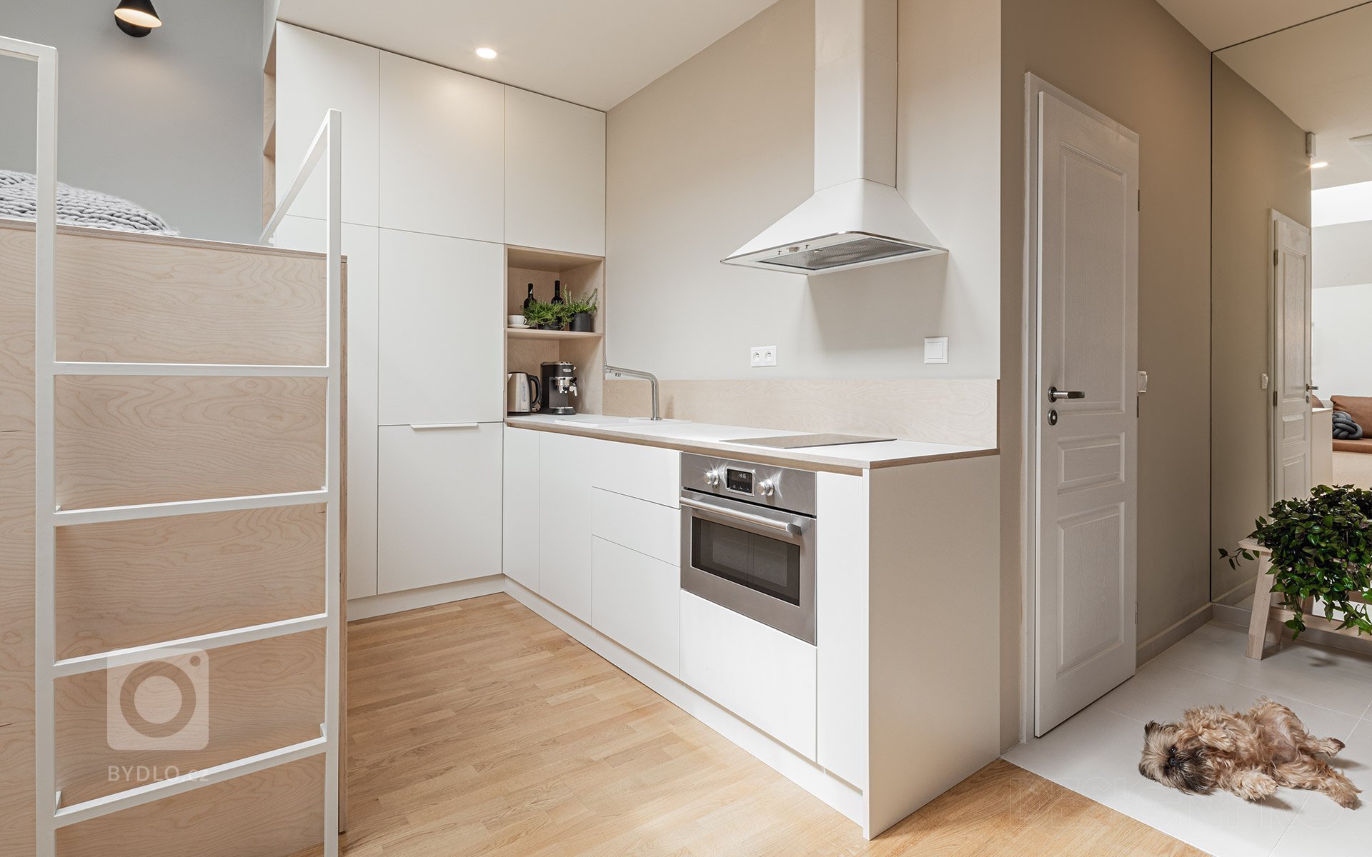 Interiér podkrovního bytu v centru Prahy v ulici Štěpánská. Malý byt na krátkodobý pronájem, o velikosti pouhých 23 metrů čtverečních, jsme navrhovali a…