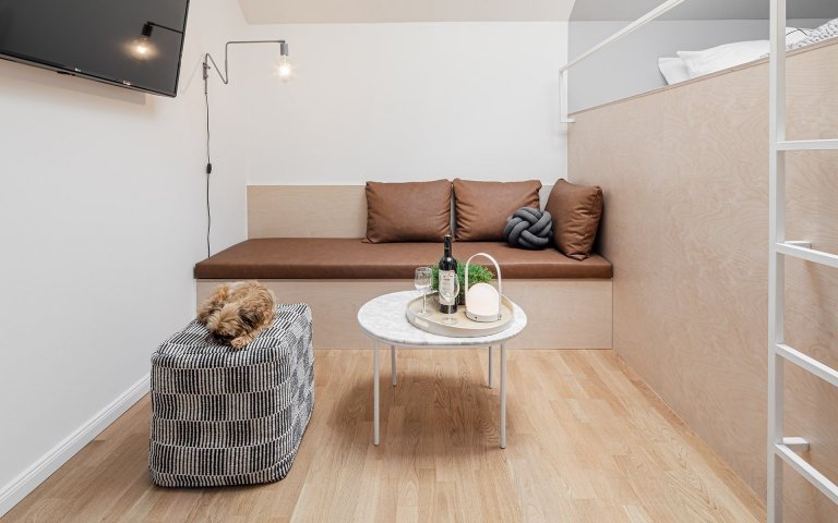 Interiér podkrovního bytu v centru Prahy v ulici Štěpánská. Malý byt na krátkodobý pronájem, o velikosti pouhých 23 metrů čtverečních, jsme navrhovali a…