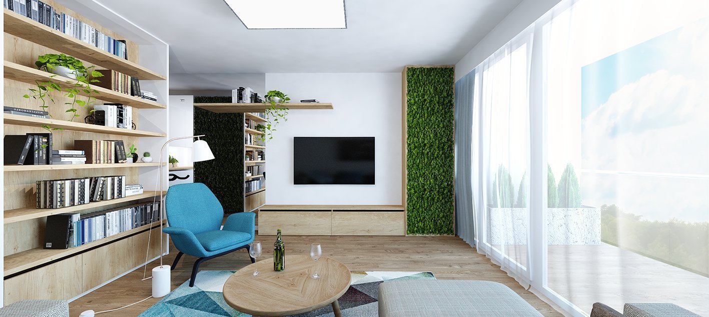 Projekt bytu Pri Mýte je charakteristický doplnkami a akcentami v modrej farbe.
