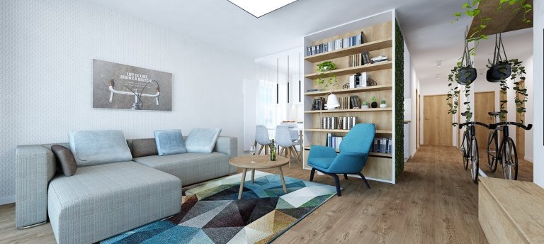 Projekt bytu Pri Mýte je charakteristický doplnkami a akcentami v modrej farbe.
