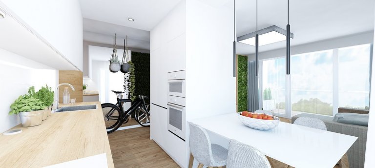 Projekt bytu Pri Mýte je charakteristický doplnkami a akcentami v modrej farbe.
