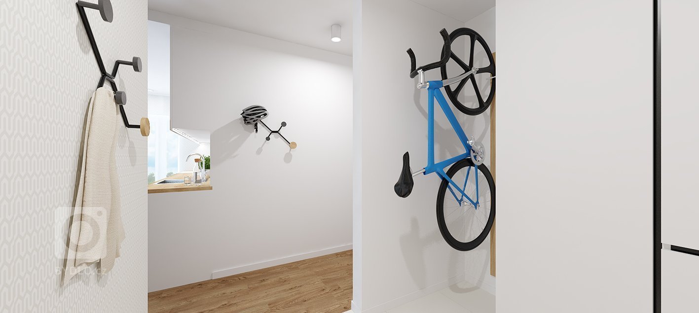 Projekt bytu Pri Mýte je charakteristický doplnkami a akcentami v modrej farbe.
