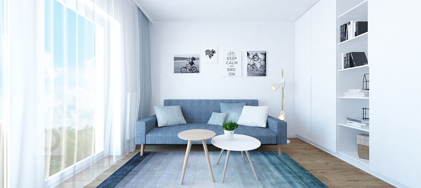 Projekt bytu Pri Mýte je charakteristický doplnkami a akcentami v modrej farbe.
