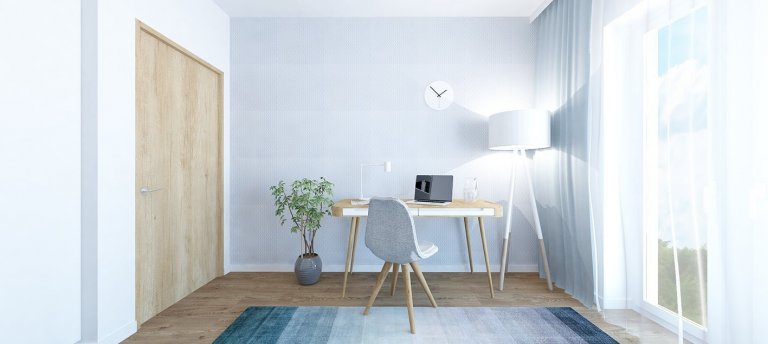 Projekt bytu Pri Mýte je charakteristický doplnkami a akcentami v modrej farbe.
