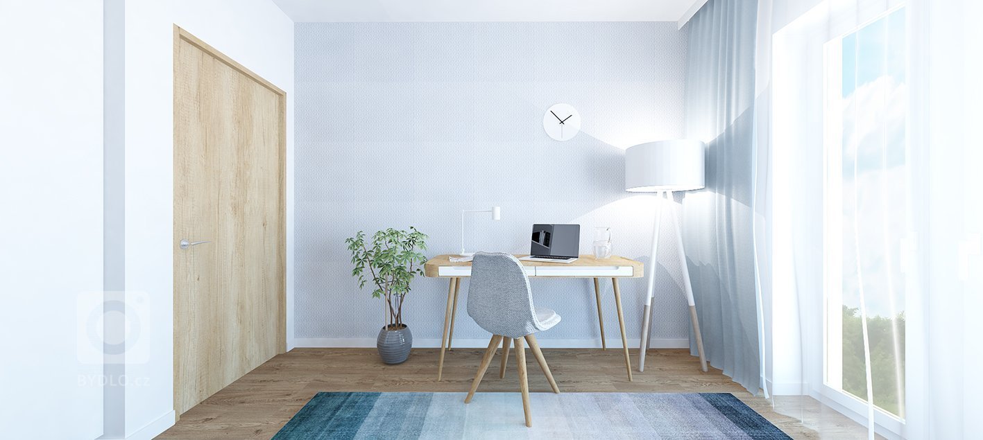 Projekt bytu Pri Mýte je charakteristický doplnkami a akcentami v modrej farbe.
