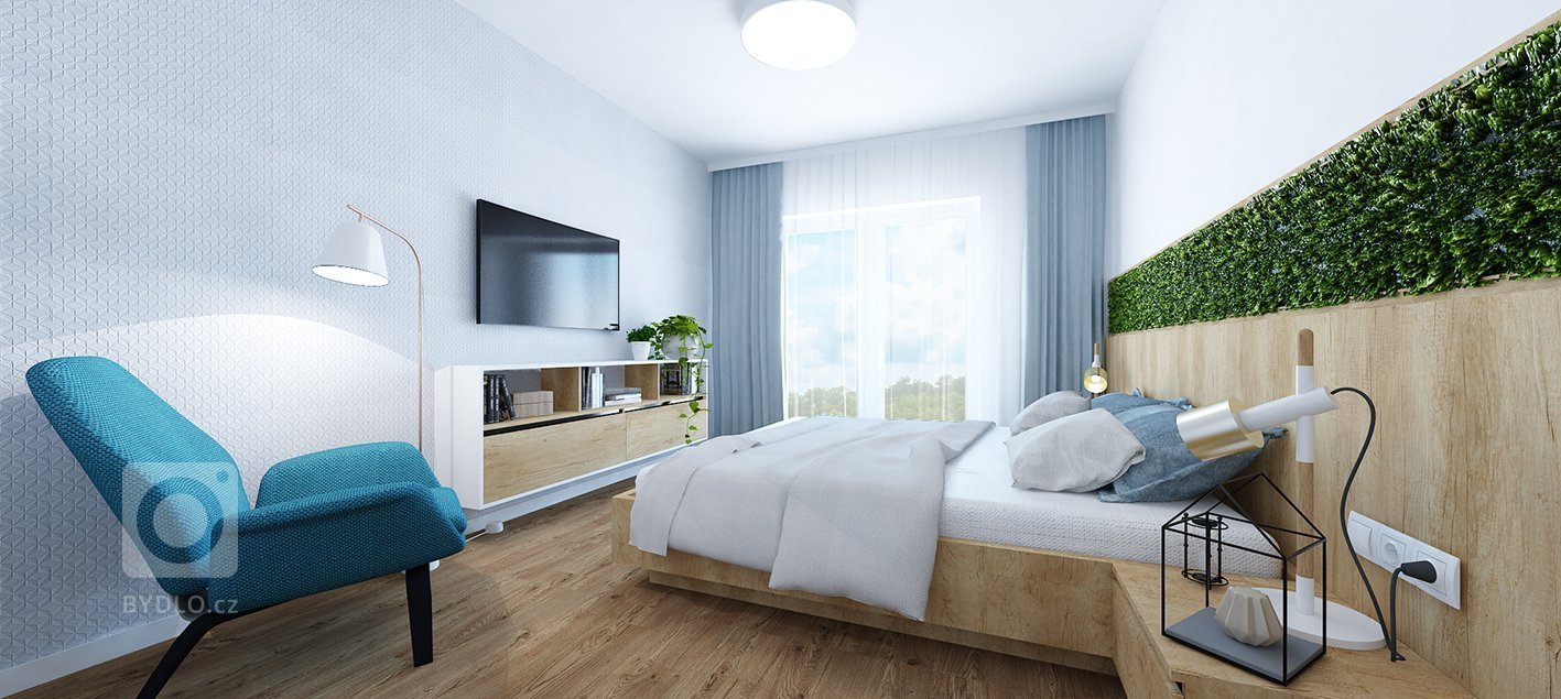 Projekt bytu Pri Mýte je charakteristický doplnkami a akcentami v modrej farbe.
