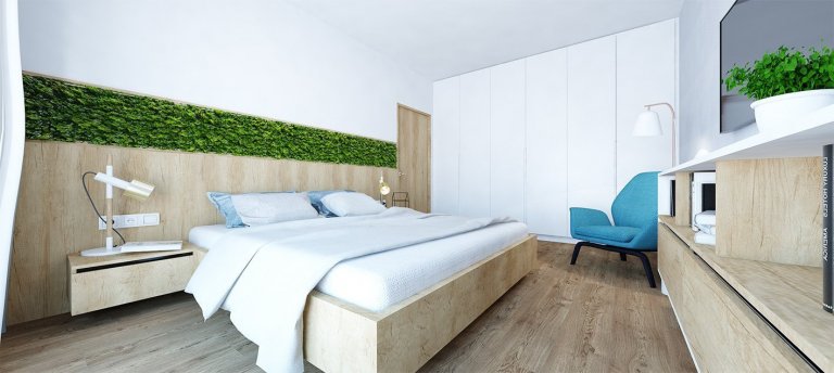 Projekt bytu Pri Mýte je charakteristický doplnkami a akcentami v modrej farbe.
