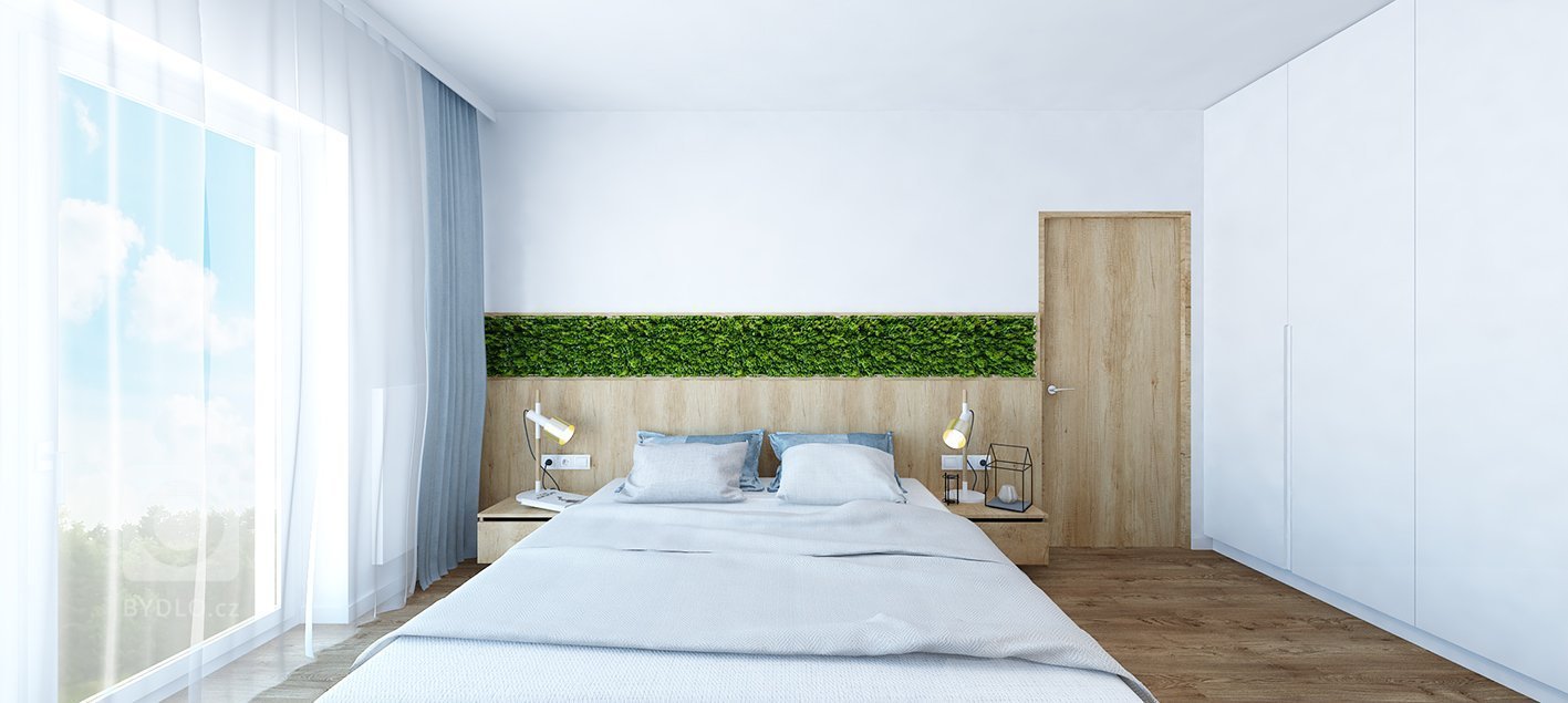 Projekt bytu Pri Mýte je charakteristický doplnkami a akcentami v modrej farbe.
