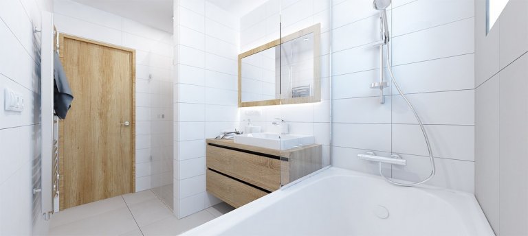 Projekt bytu Pri Mýte je charakteristický doplnkami a akcentami v modrej farbe.
