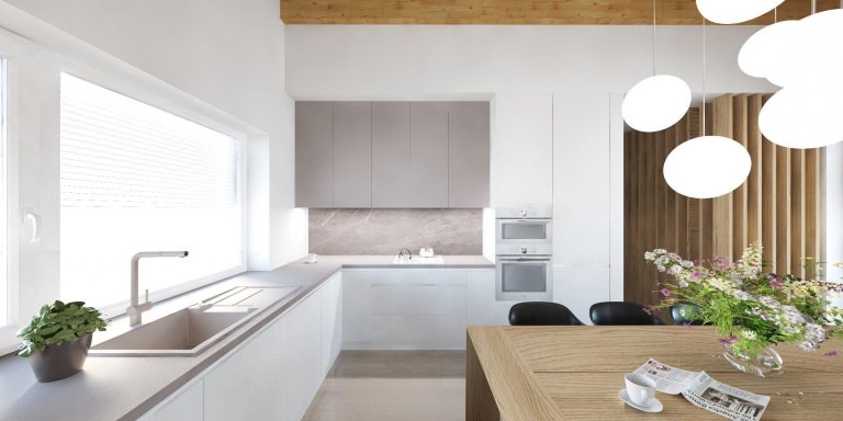 Príjemný interiér rodinného domu, ktorý je navrhnutý v obľúbených naturálnych farbách s dôrazom na nadčasovosť.
