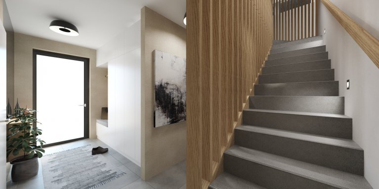 Príjemný interiér rodinného domu, ktorý je navrhnutý v obľúbených naturálnych farbách s dôrazom na nadčasovosť.
