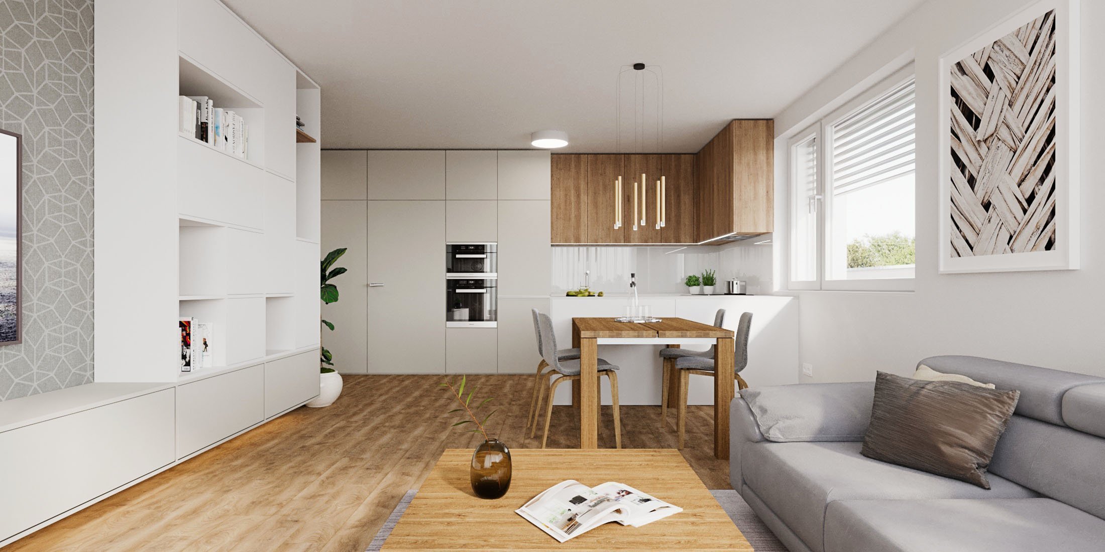 V dennej zóne dominuje drevo v kontraste s bielou pričom harmóniu farieb dopĺňa sivá tapeta a textília.
Zaujímavosťou je TV Samsung Frame ktorá zároveň slúžia…