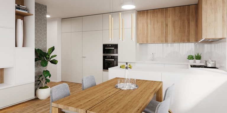 V dennej zóne dominuje drevo v kontraste s bielou pričom harmóniu farieb dopĺňa sivá tapeta a textília.
Zaujímavosťou je TV Samsung Frame ktorá zároveň slúžia…