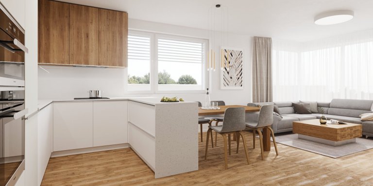 V dennej zóne dominuje drevo v kontraste s bielou pričom harmóniu farieb dopĺňa sivá tapeta a textília.
Zaujímavosťou je TV Samsung Frame ktorá zároveň slúžia…