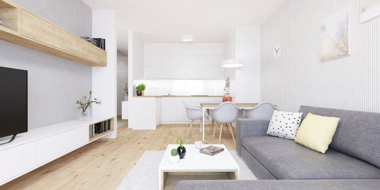 Nový interiér v projekte Slnečnice&nbsp;sa nesie v príjemnej a overenej kombinácii bielej farby a dreva. Elegantný podklad návrhu jemne ozvláštňujú prvky s…