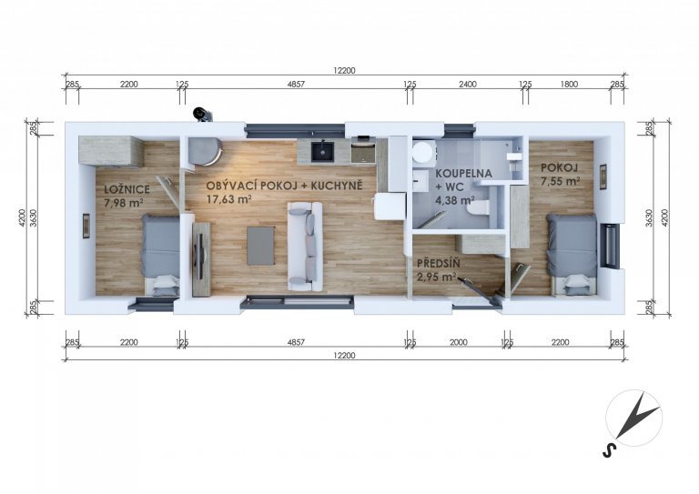Dřevostavba o rozměrech 12x4m Easy 40&nbsp;&ndash; vhodná pro náročnější zákazníky, kteří chtějí více prostoru za nízkou cenu. Levné, přesto kvalitní bydlení.…