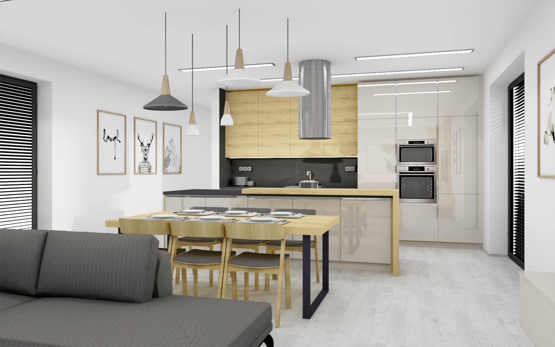 Ukázka zpracované vizualizace interiéru vybaveného dle INTERIOR CONCEPTU HANÁK. Kuchyňská linka ELITE sladěná s obývacím pokojem v kombinaci laku champagne a…