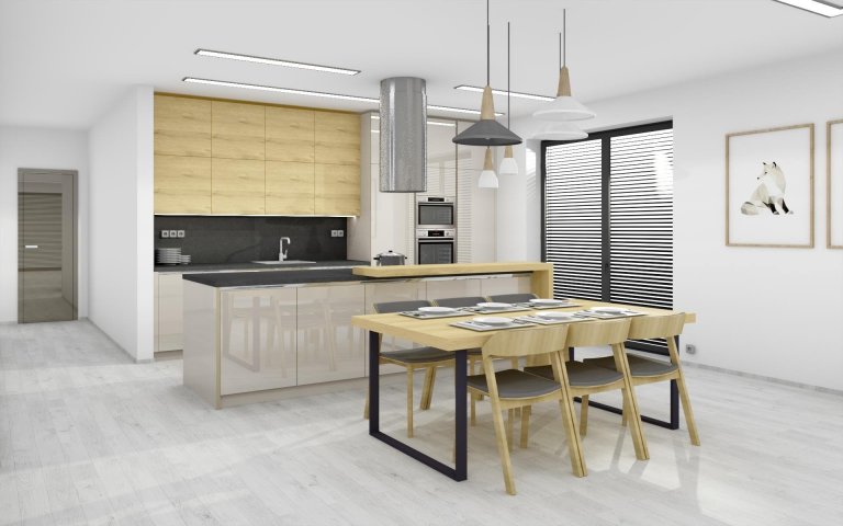 Ukázka zpracované vizualizace interiéru vybaveného dle INTERIOR CONCEPTU HANÁK. Kuchyňská linka ELITE sladěná s obývacím pokojem v kombinaci laku champagne a…