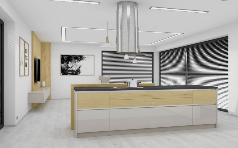 Ukázka zpracované vizualizace interiéru vybaveného dle INTERIOR CONCEPTU HANÁK. Kuchyňská linka ELITE sladěná s obývacím pokojem v kombinaci laku champagne a…