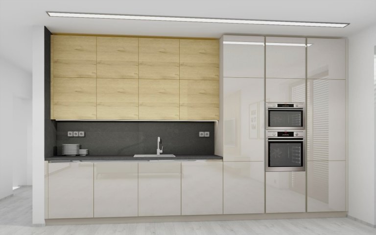 Ukázka zpracované vizualizace interiéru vybaveného dle INTERIOR CONCEPTU HANÁK. Kuchyňská linka ELITE sladěná s obývacím pokojem v kombinaci laku champagne a…