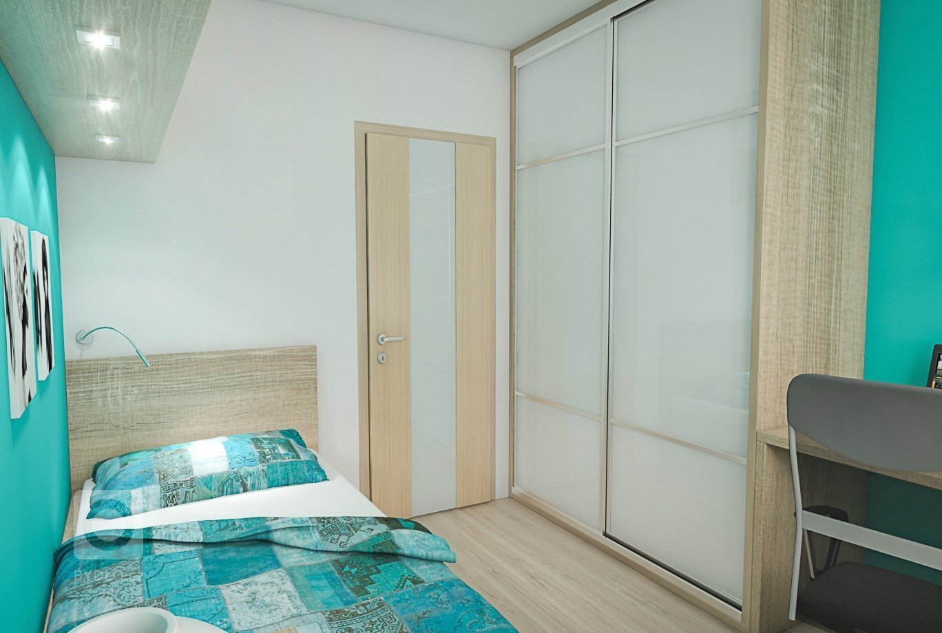 Studentský pokoj v tyrkysové barvě. V&nbsp;nepříliš velkého prostoru jsme umístili postel s úložným prostorem, vestavěnou skříň, pracovní kout a zavěšenou…