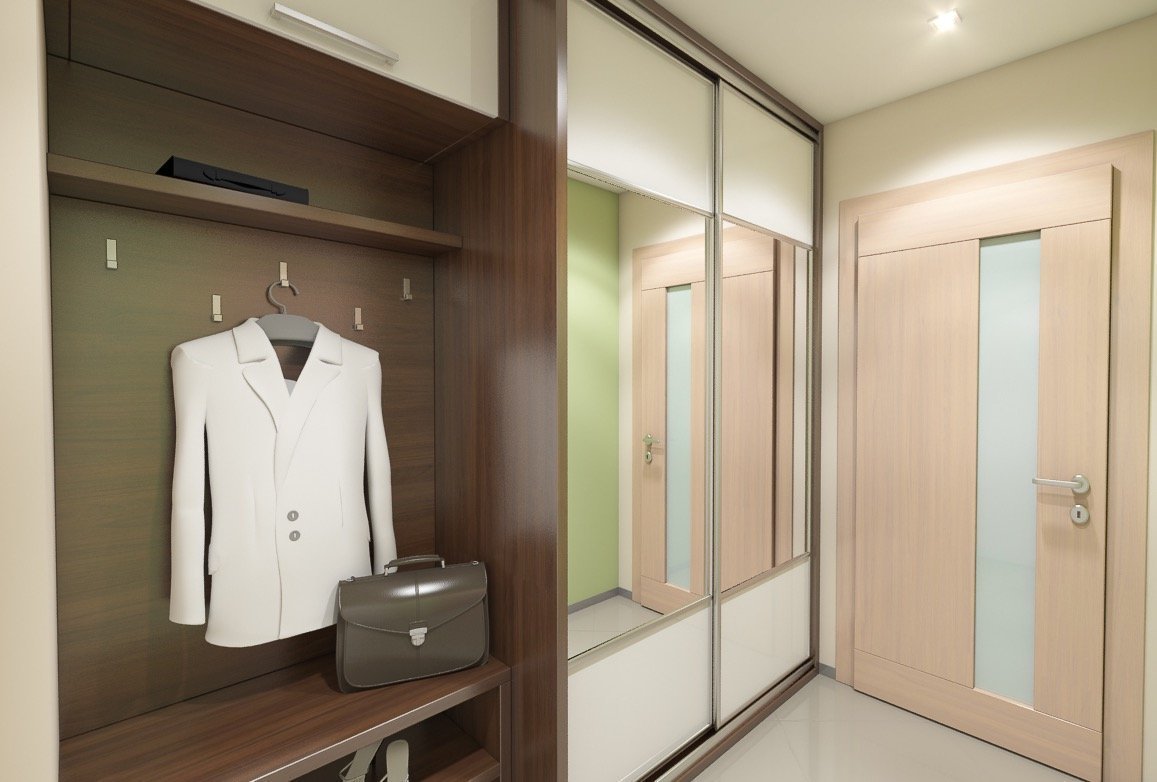 Vstupní předsíň v dekoru tmavého dřeva a bílého lesku. S otevřeným botníkem, věšákovou stěnou a vestavěnou skříní.&nbsp;
