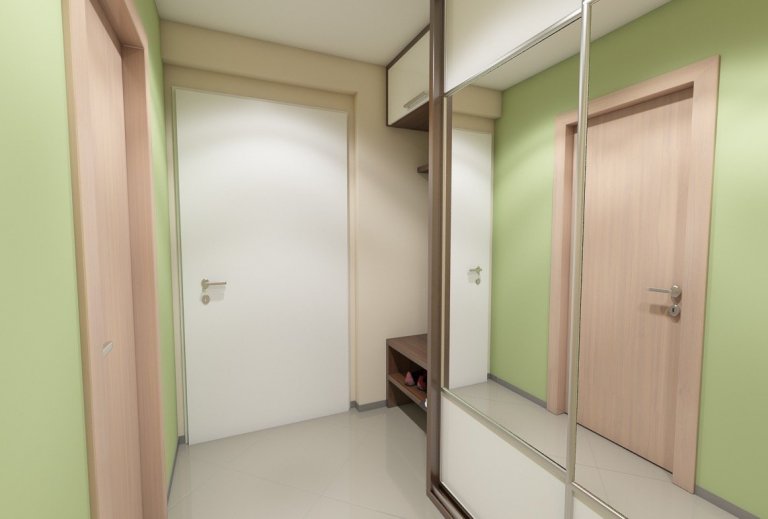 Vstupní předsíň v dekoru tmavého dřeva a bílého lesku. S otevřeným botníkem, věšákovou stěnou a vestavěnou skříní.&nbsp;
