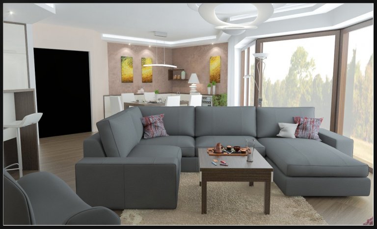 Obývací pokoj v rodinném domě, s atypickou kuchyní do U a pracovnou.
