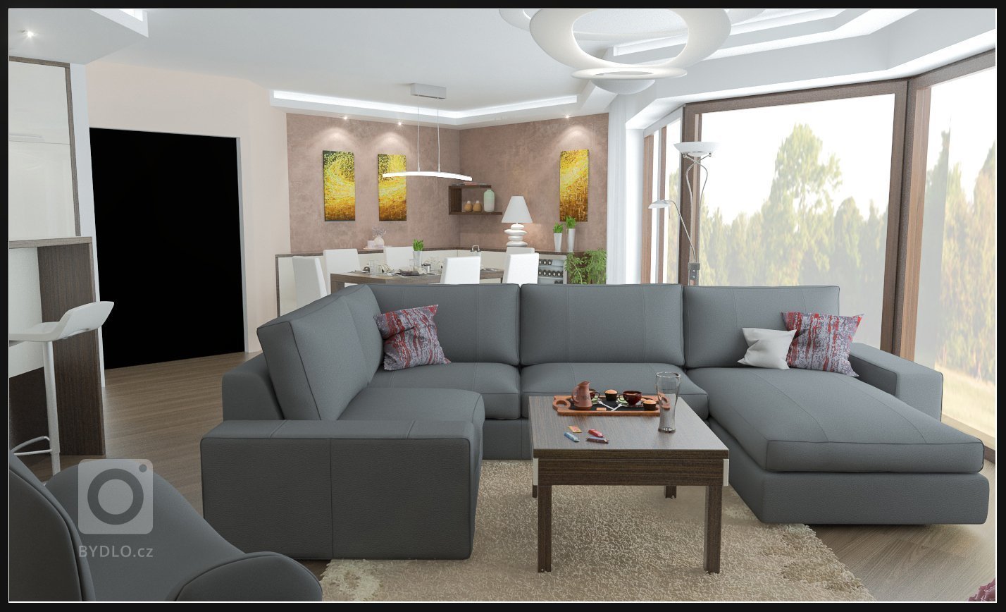 Obývací pokoj v rodinném domě, s atypickou kuchyní do U a pracovnou.
