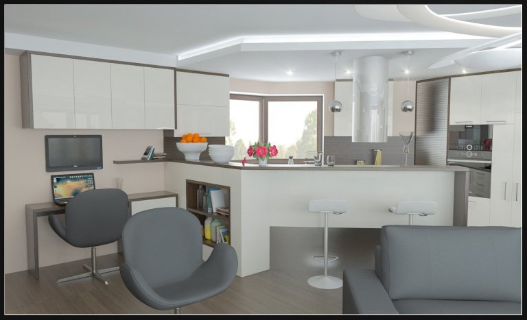 Kuchyně spojená s pracovním koutem.