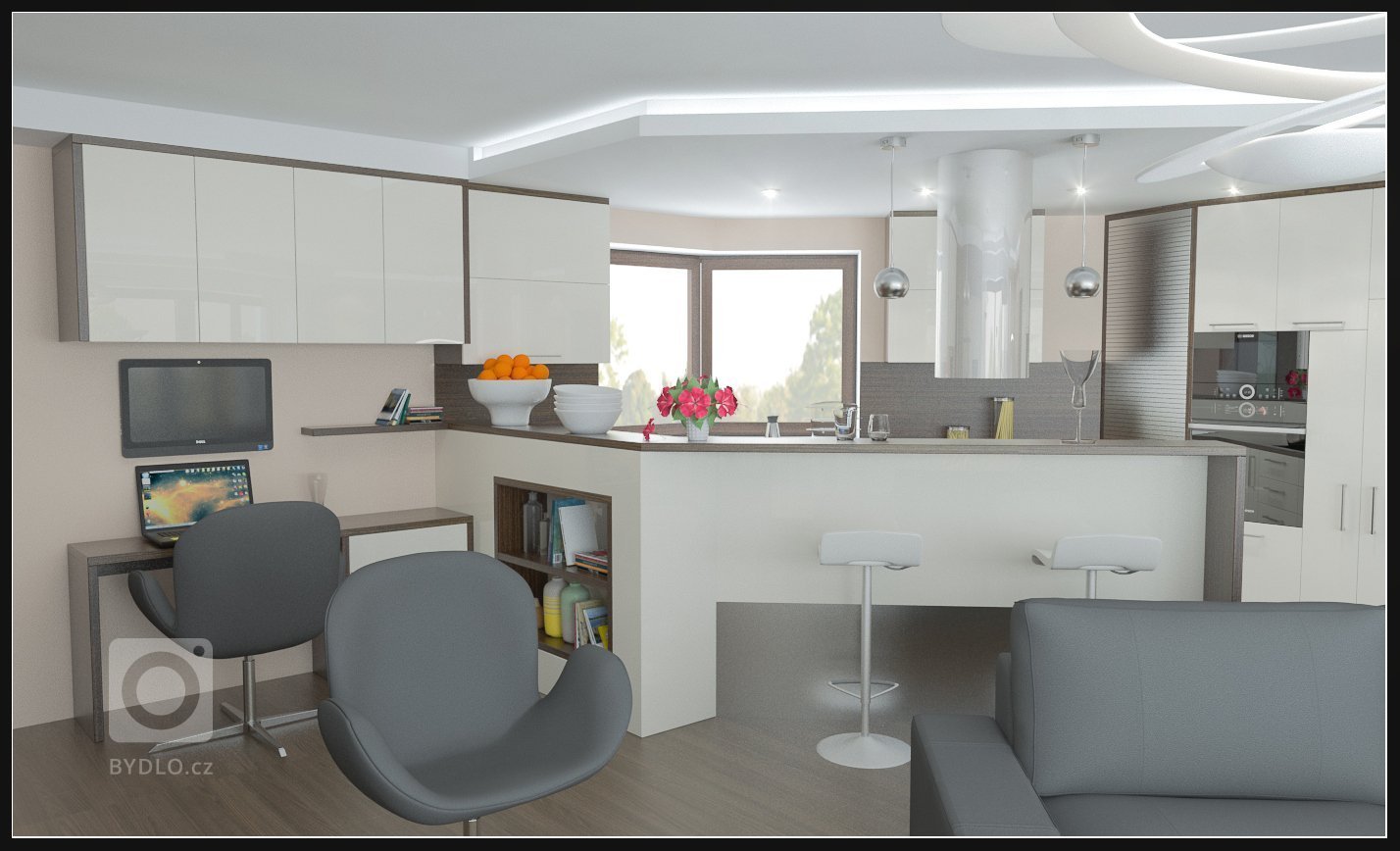 Kuchyně spojená s pracovním koutem.