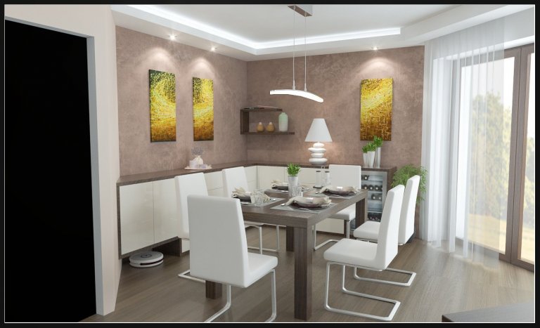 Jídelna s velkým dřevěným stolem, moderními židlemi, vinotékou a komodou. Doplněné hnědou stěrkou.