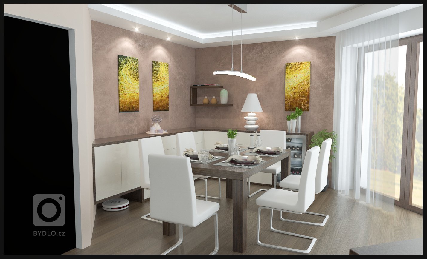 Jídelna s velkým dřevěným stolem, moderními židlemi, vinotékou a komodou. Doplněné hnědou stěrkou.