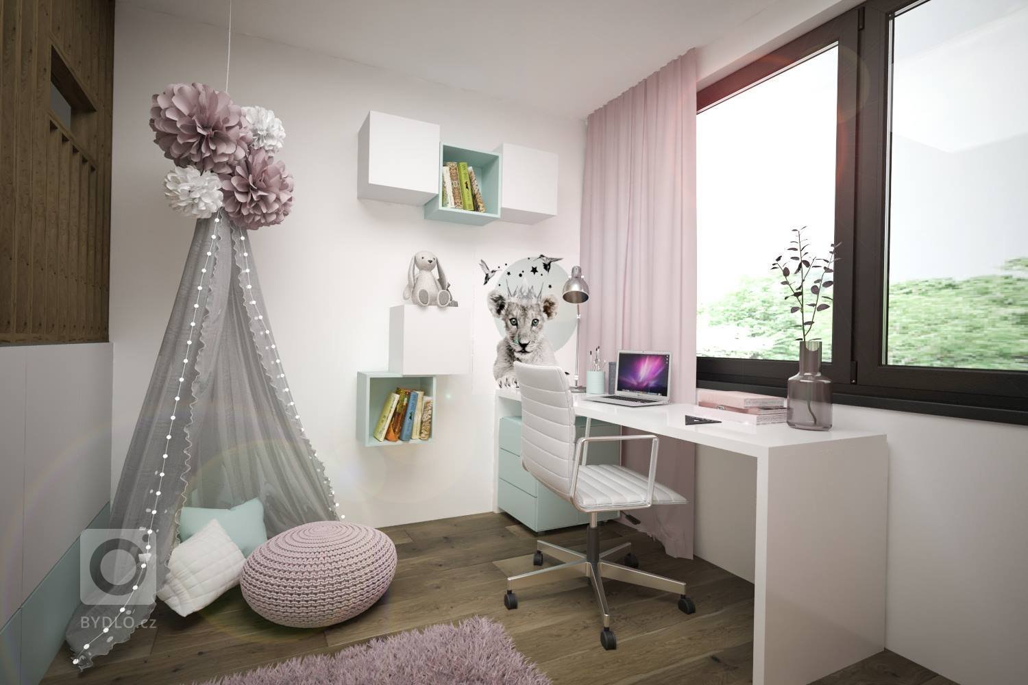 Stuedie interiéru dřevostavby v nehynoucí kombinaci - dřevodekor, beton, bílá. Pokojíčky pro mladé slečny jsou ovšem v jemnějších barevných tónech.
