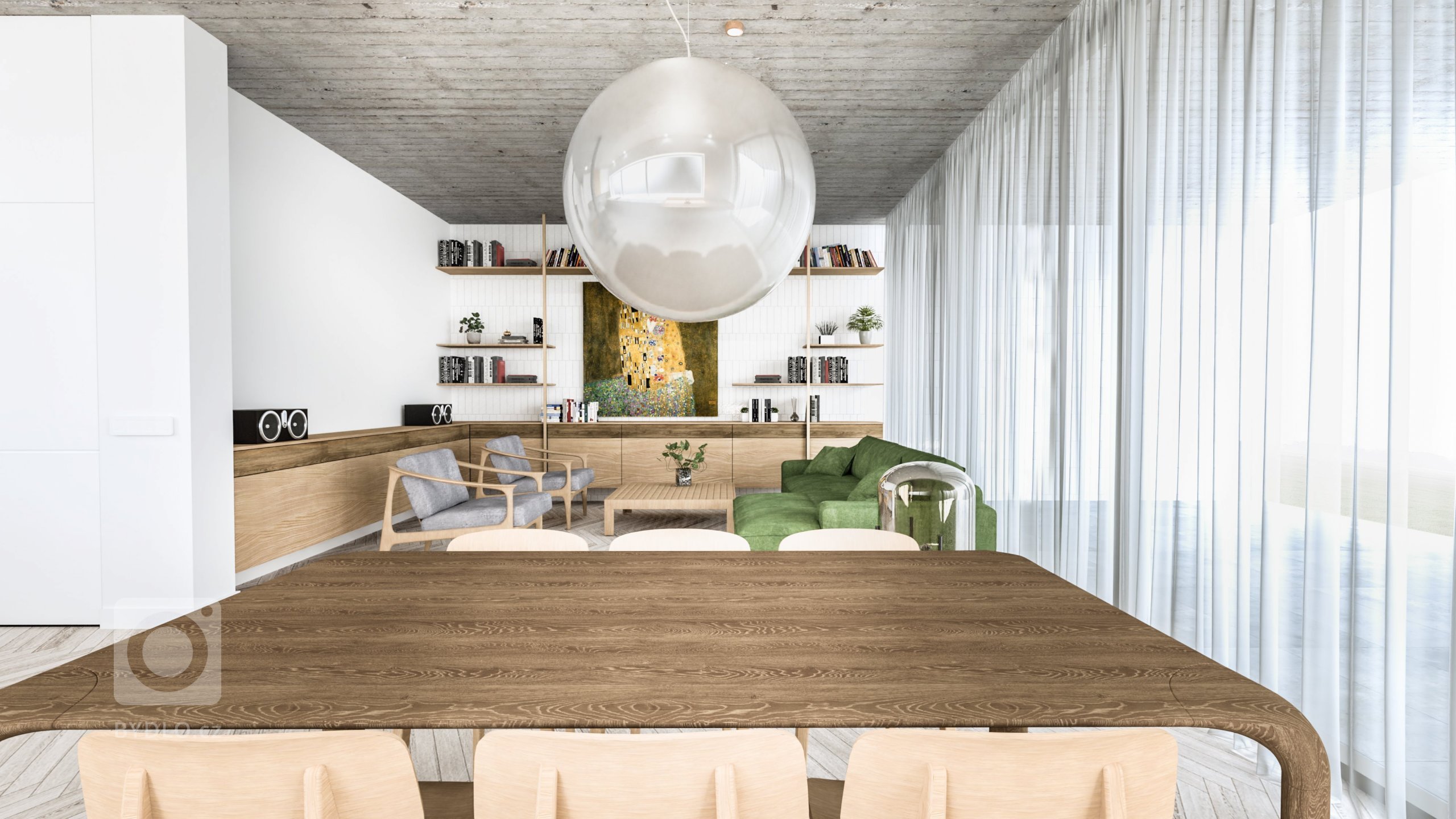 Minimalistický interiér v prírodných odtieňoch.