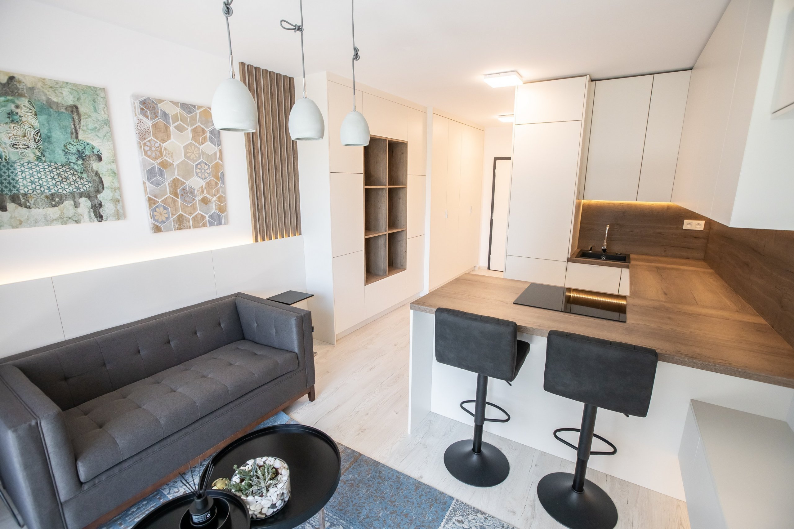 Krásne zariadený apartmán v projekte Urban Residence. Kuchyňa a nábytok na mieru spolu dokonale ladia, aby zbytočne nezatažili priestor. Nábytok a kuchyňa sú z…