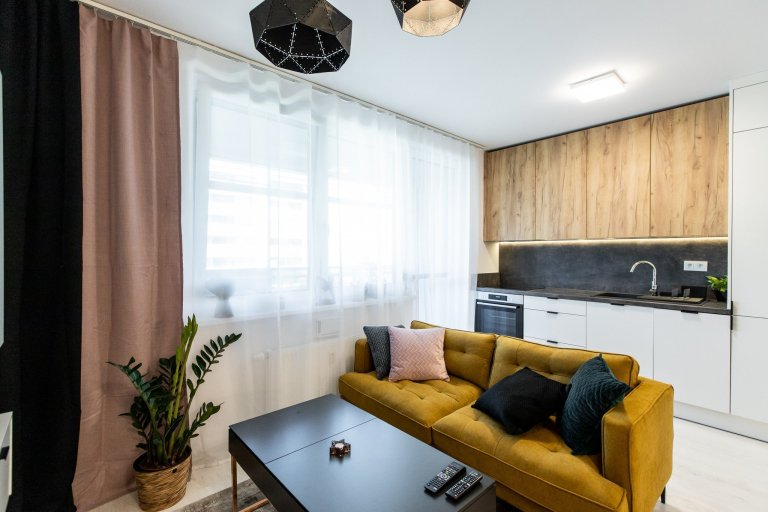 Apartmán v developerskom projekte Malé Krasňany, ktorý poníma obývaciu izbu, spálňu, aj kuchyňu v jednom priestore, no napriek tomu je táto realizácia krásna a…