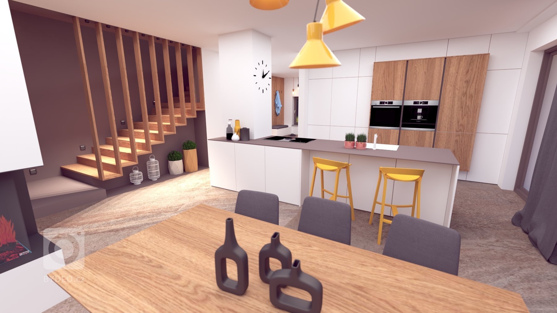 Pôvabný interiér s jemných nádychom luxusu, plný nápaditých detailov. Výrazné prepojenie prírodných materiálov s modernými tecnológiami.
