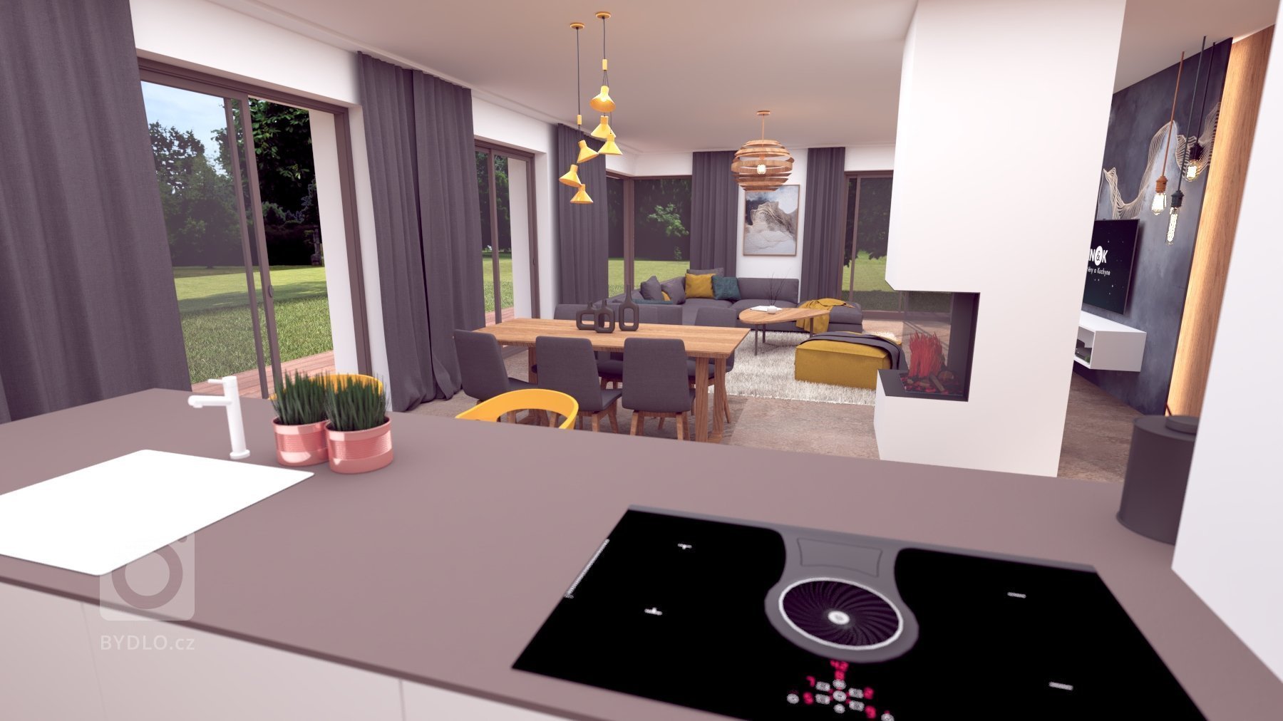 Pôvabný interiér s jemných nádychom luxusu, plný nápaditých detailov. Výrazné prepojenie prírodných materiálov s modernými tecnológiami.
