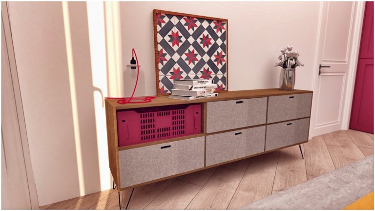 Snažili sme sa vytvoriť farebne pestrý interiér, plný hravých a zaujímavých detailov, ktoré Vás ako dúfame milo prekvapia ( šikmo uložená podlaha, lampa…