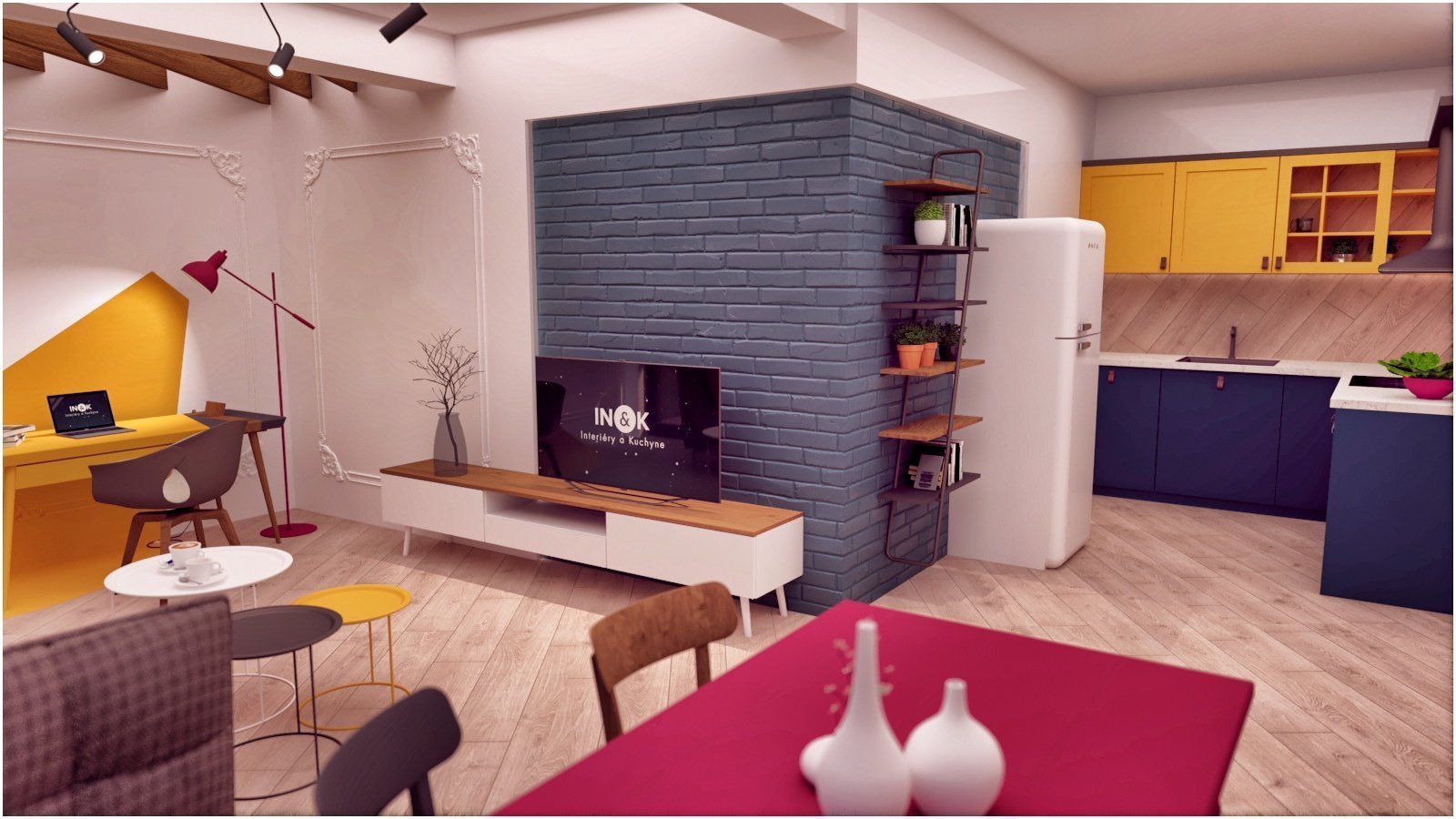 Snažili sme sa vytvoriť farebne pestrý interiér, plný hravých a zaujímavých detailov, ktoré Vás ako dúfame milo prekvapia ( šikmo uložená podlaha, lampa…