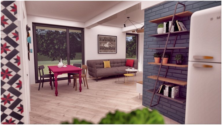 Snažili sme sa vytvoriť farebne pestrý interiér, plný hravých a zaujímavých detailov, ktoré Vás ako dúfame milo prekvapia ( šikmo uložená podlaha, lampa…