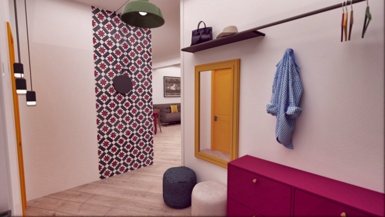 Snažili sme sa vytvoriť farebne pestrý interiér, plný hravých a zaujímavých detailov, ktoré Vás ako dúfame milo prekvapia ( šikmo uložená podlaha, lampa…