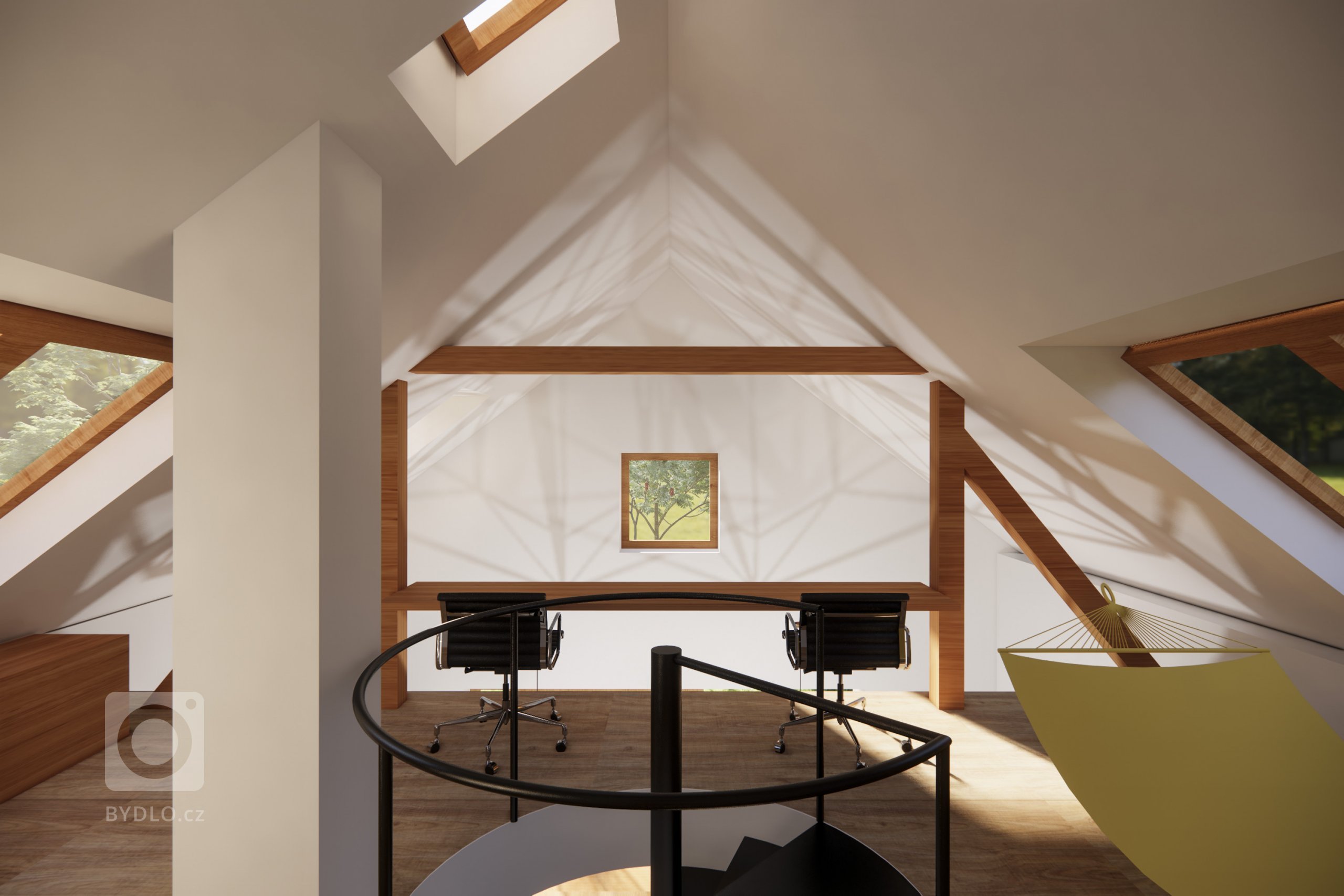 V podkroví je průhled do přízemí a lze jej využít jak pracovnu