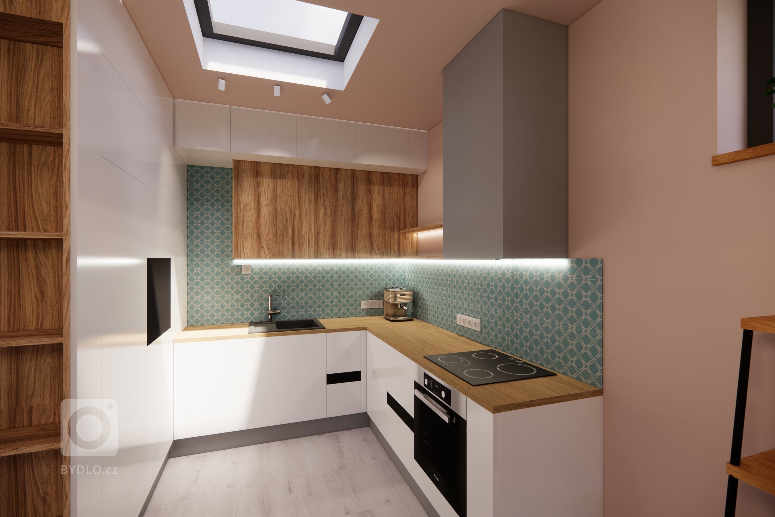 Kuchyně již byla ve výrobě, navrhli jsme dřevěnou pracovní desku a obklad za ní